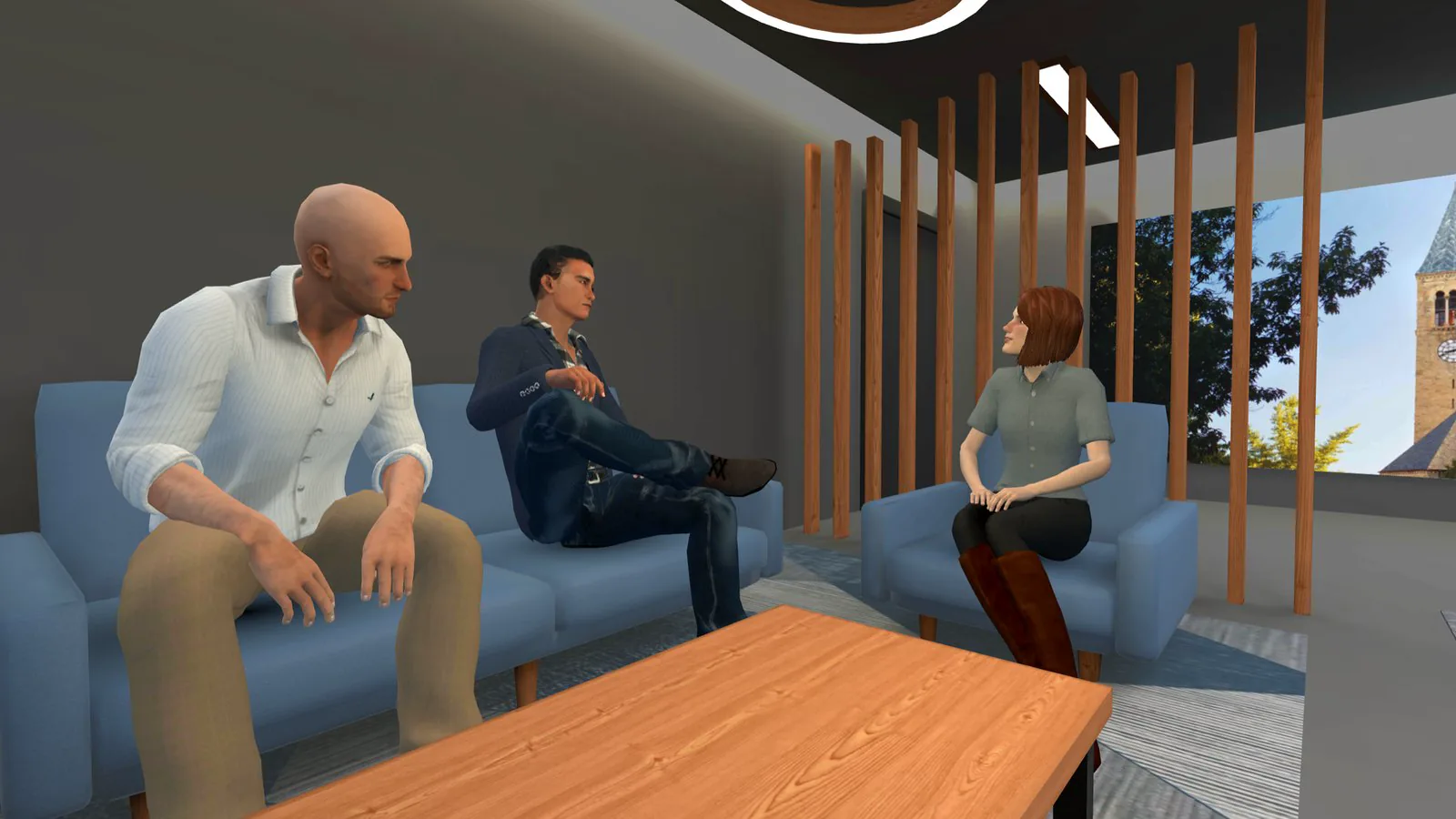 Everyday Inclusion's VR scenes in gentle motion, three animated avatars in conversation on lounge chairs, a clock tower visible through the window behind them