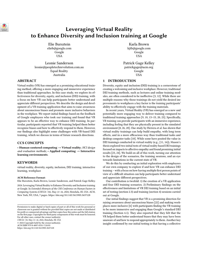 Cover of the Leveraging Virtual Reality to Enhance Diversity and Inclusion Training at Google.