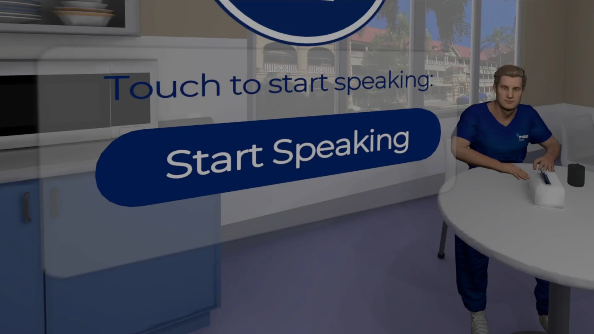 The Mater training's VR scenes in gentle motion, an animated nurse pausing at a table in a simulated hospital break room