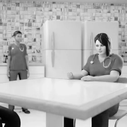 A Day in the Lifetime's VR scenes in gentle motion, two animated nurses in a hospital break room, one seated at the table and one standing nearby