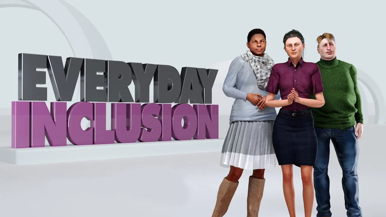 Everyday Inclusion title card with three characters linking arms: a woman in a patterned scarf, a woman in a maroon shirt and a man in a green jumper.