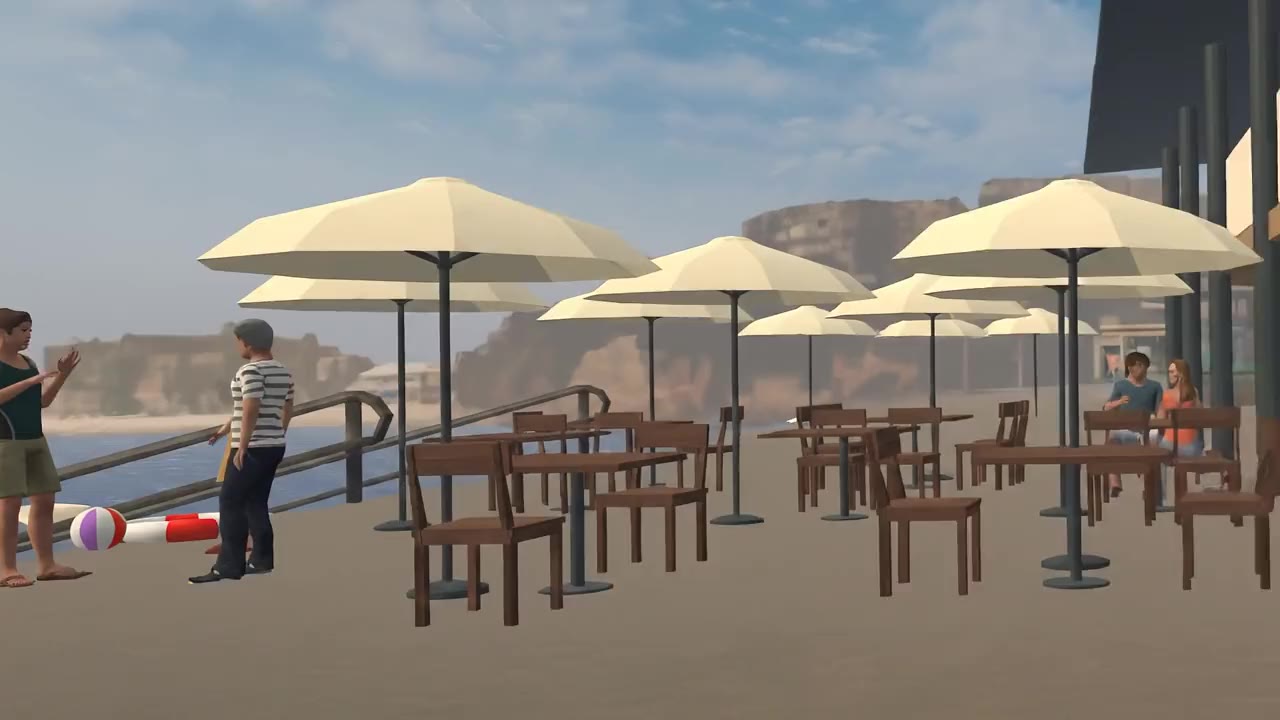 A gliding first-person view through the disability-awareness experience's beachside cafe and service centre, hands reaching into the scene as if navigating it themselves