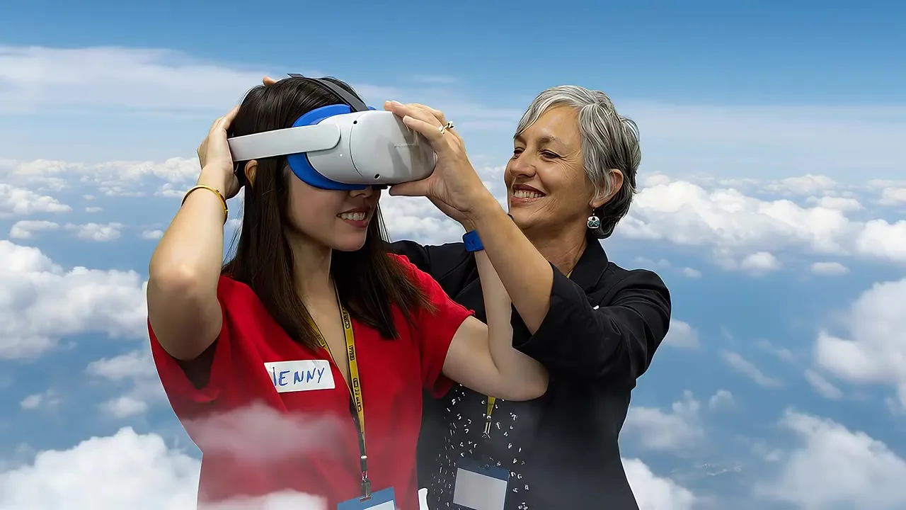 An Etihad cabin crew trainee has a mixed-reality headset fitted by a PTR facilitator, smiling, a bright cloudscape filling the space behind them