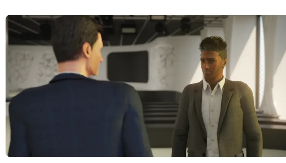 Scenes from the VR scenarios built for Google's DEI training in gentle motion, animated avatars practising a workplace conversation together