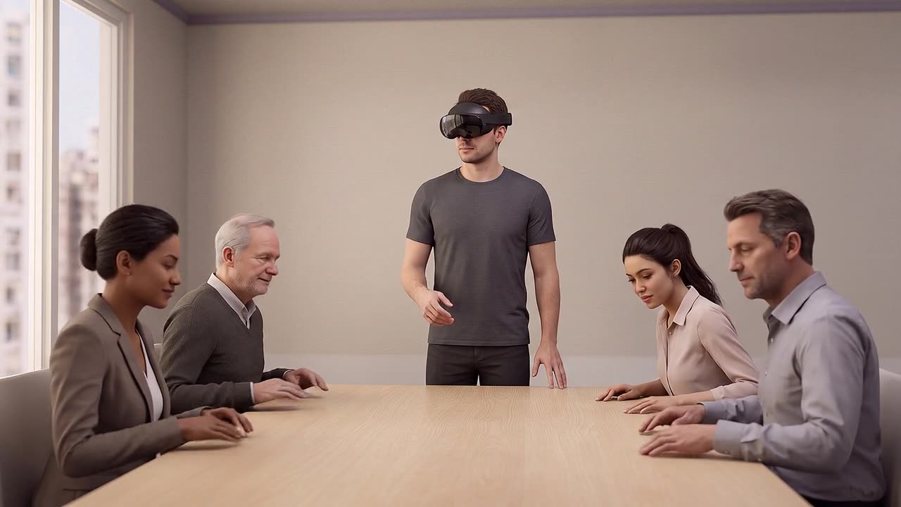 A participant wearing a headset stands at the end of a boardroom table, addressing four seated simulated colleagues of different ages.