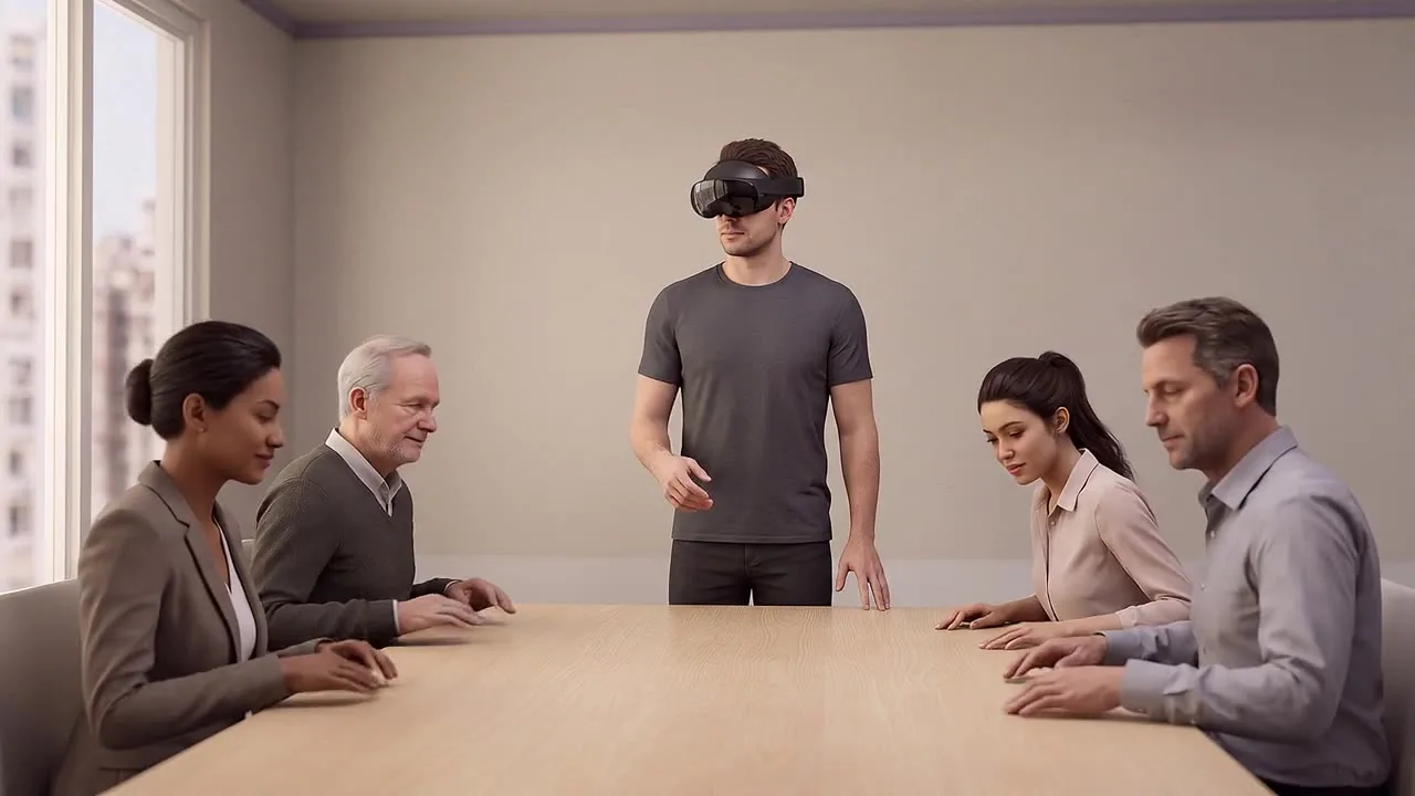 A participant wearing a headset stands at the end of a boardroom table, addressing four seated colleagues in a bias scenario.