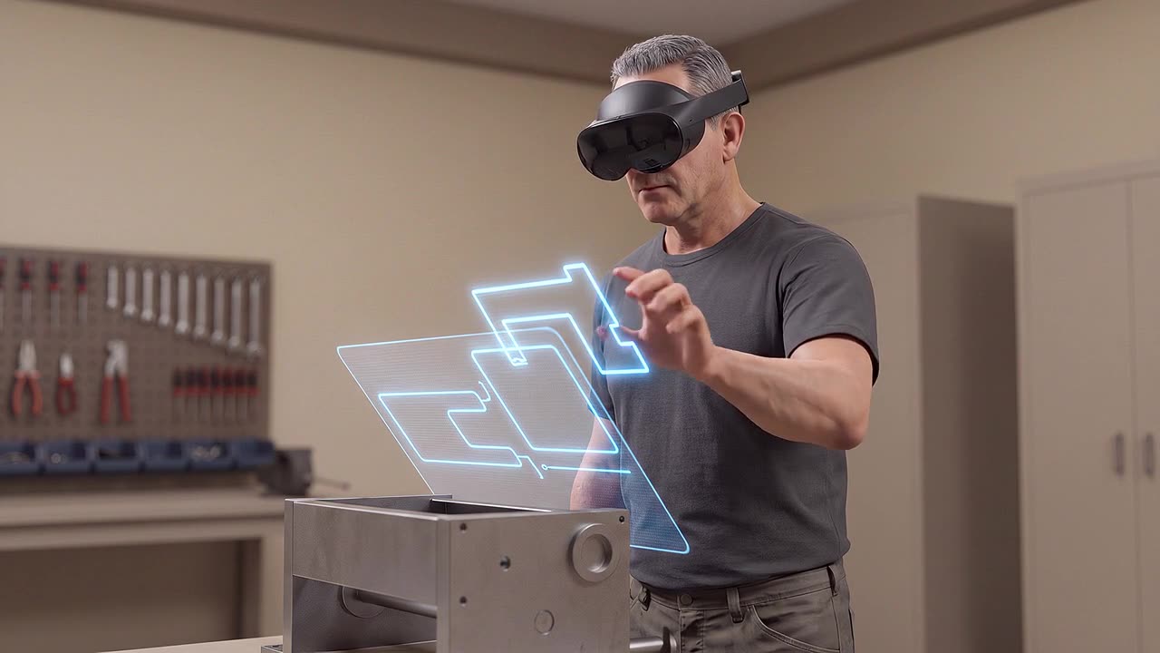 A worker wearing a headset stands at a workshop bench while soft blue outline guidance floats over the parts of an unbranded machine.