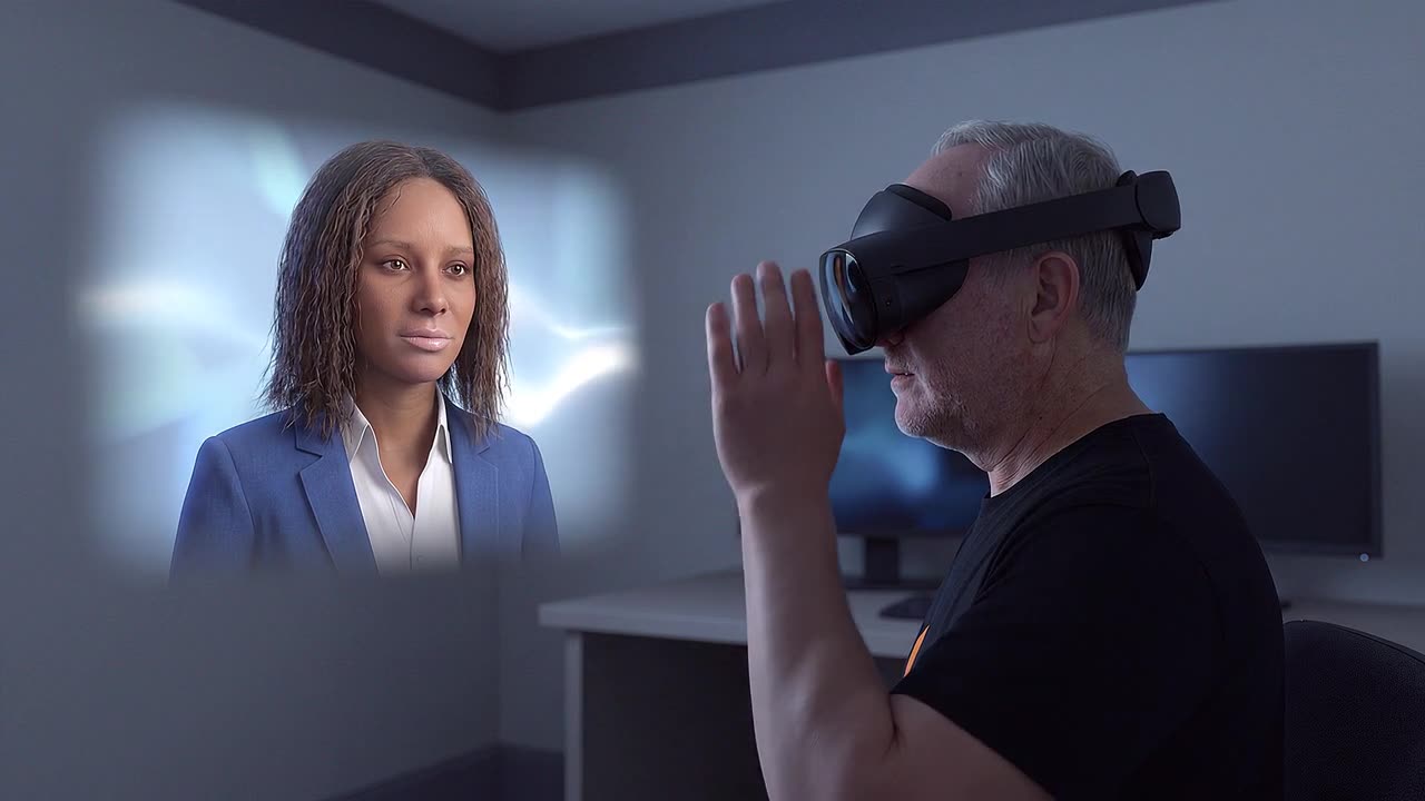 An adult sits facing a floating head-and-shoulders presence of a subject-matter expert digital twin, backed by soft abstract light, practising a one-to-one conversation.