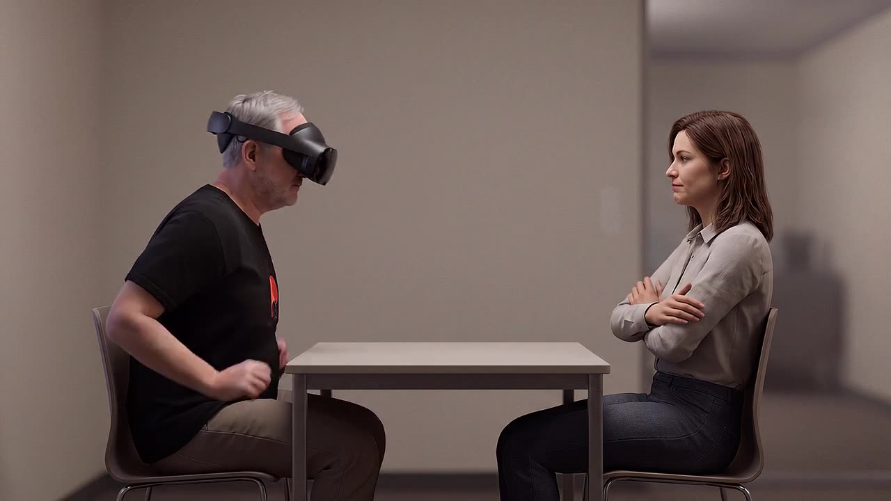 A manager wearing a headset sits facing a simulated team member across a small table, rehearsing a performance feedback conversation in a plain meeting room before having it for real.