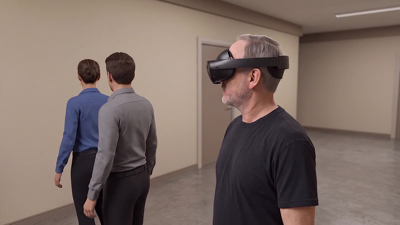 A man in a headset watches two colleagues walk away down a corridor, a perspective-taking scenario of the kind the Everyday Inclusion module is built around.