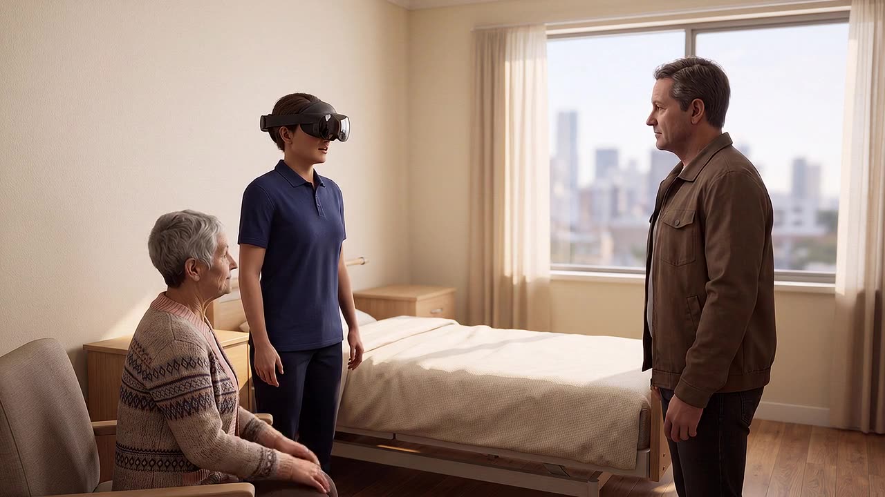 A care worker wearing a headset stands with a simulated resident in an armchair and a simulated family member, rehearsing a three-way conversation before it happens for real.