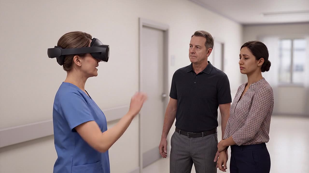 A nurse leader stands in a ward corridor facing a colleague, deciding whether to say something, embodying the study's bias scenario.