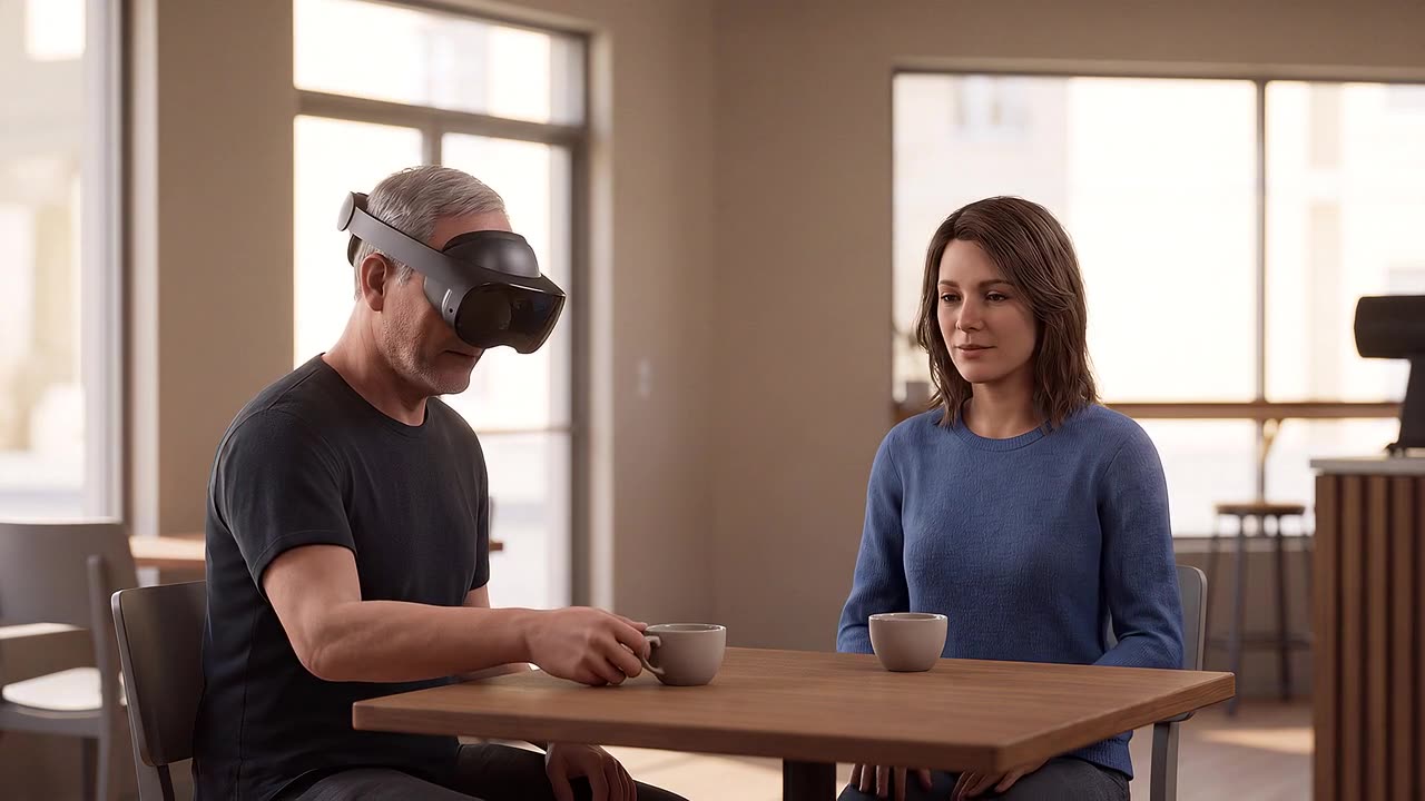 An adult wearing a headset sits at a cafe table facing a simulated companion, rehearsing an ordinary social moment until it stops being hard.