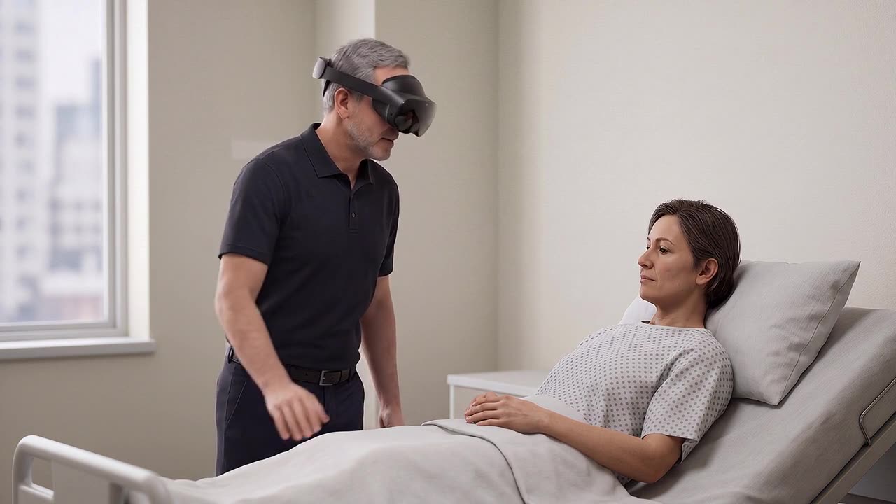 A clinician in a headset at a hospital bedside, the ward fully simulated around the conversation.