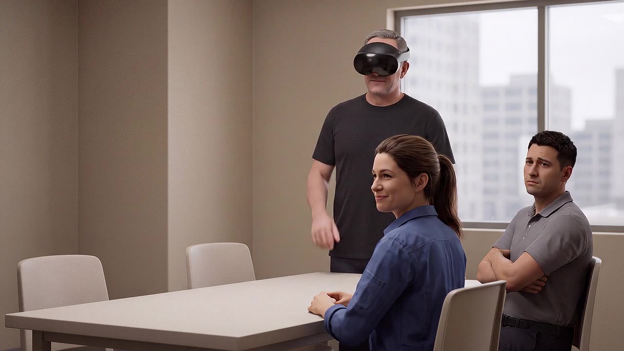 A crew member wearing a headset stands facing two seated simulated colleagues, one laughing and one looking away.