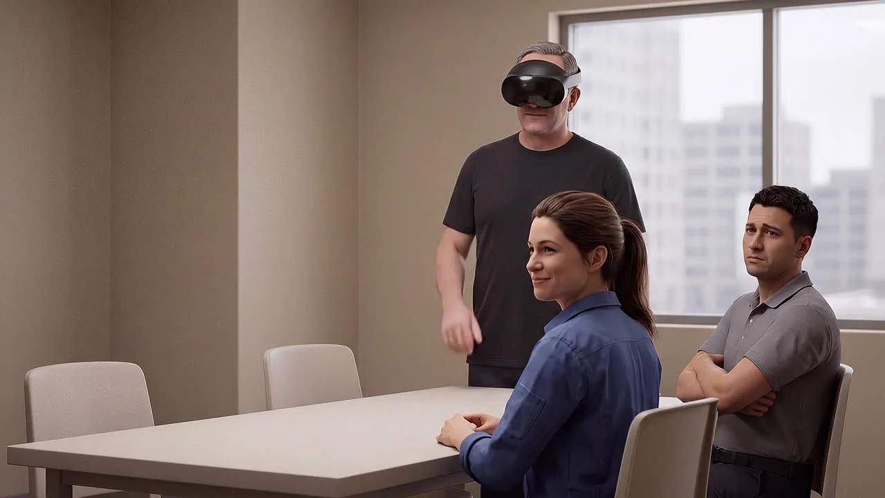 A crew member wearing a headset stands facing two seated simulated colleagues, one laughing and one looking away.