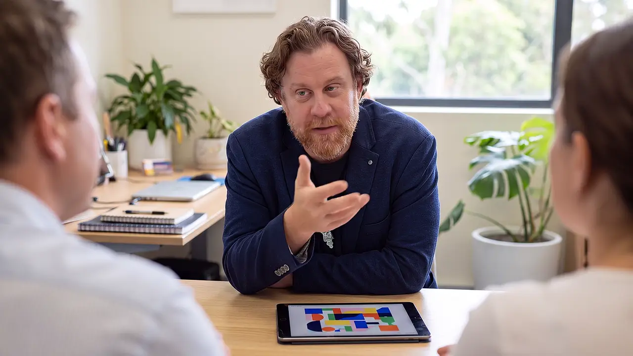 The CONSULT lane: Simon leads an adaptive AI consultation, talking a client through a tailored recommendation shown on a tablet between them