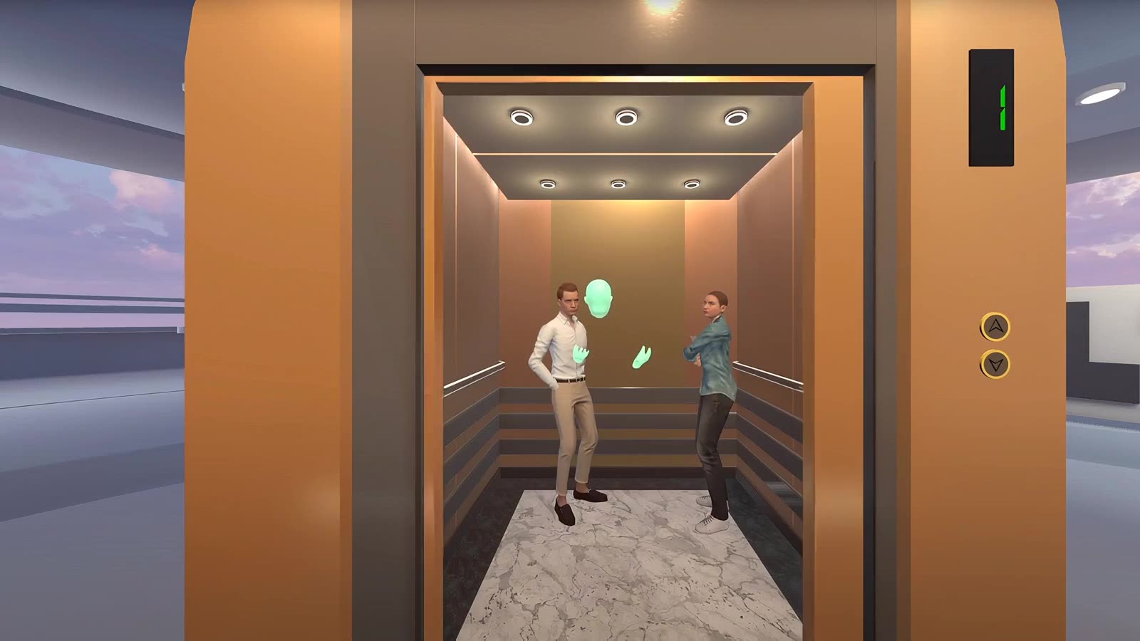 Facing a colleague in the lift.