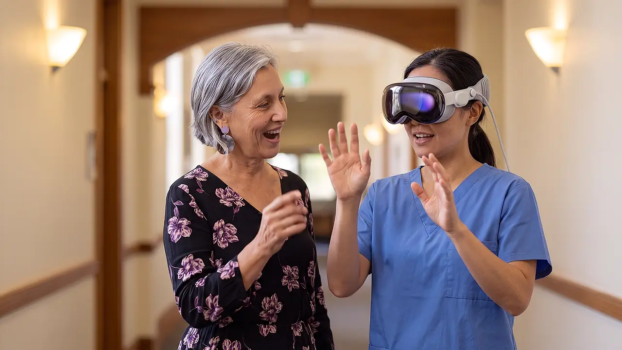 A Mater hospital scenario shown through an Apple Vision Pro headset.