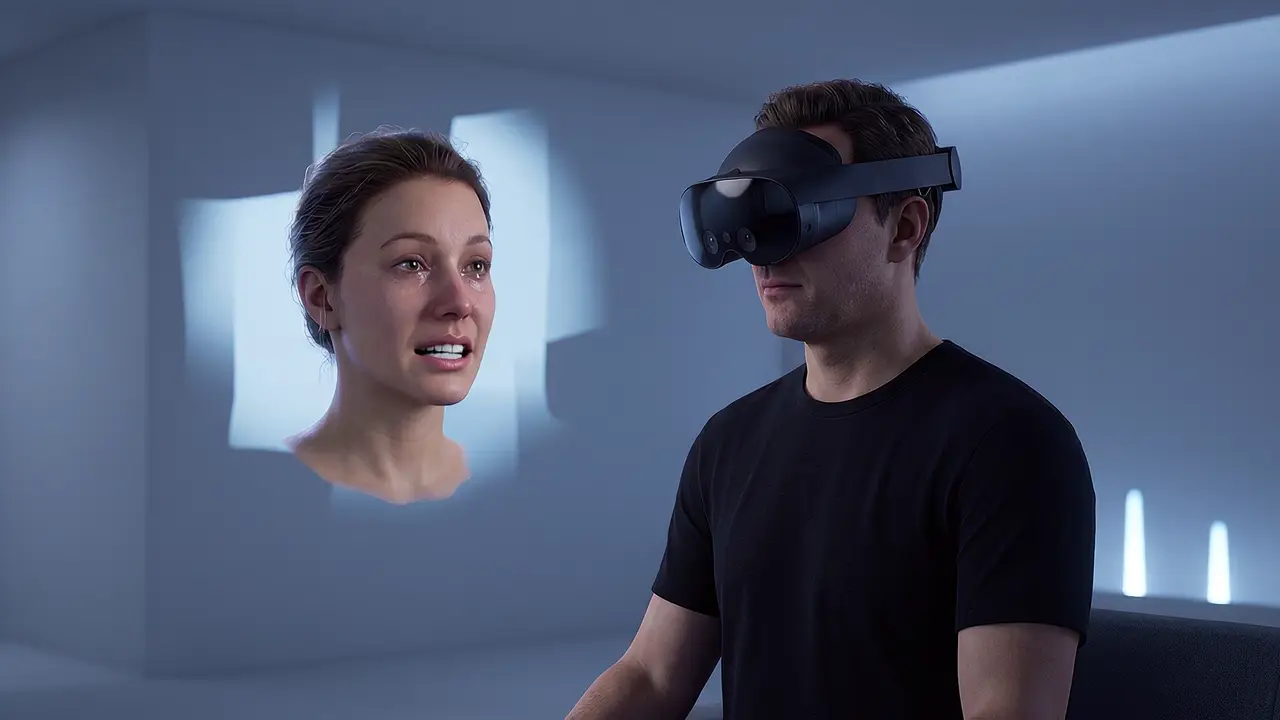 A person wearing a headset talks with a face that answers back, a difficult conversation brought into practice range.