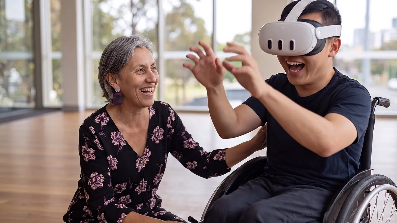 A co-founder sits beside a wheelchair user wearing a VR headset, both laughing at eye level as he reaches into the scene.