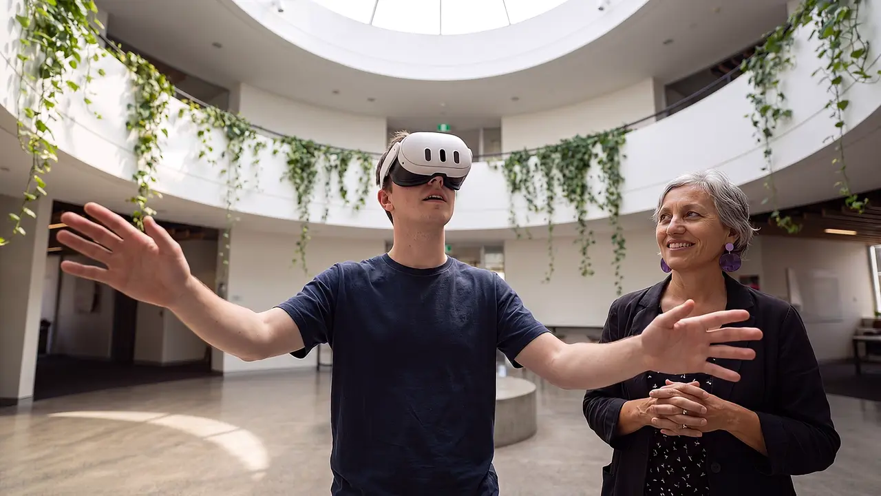 Leonie Sanderson guides a young man wearing a headset in a sunlit atrium.