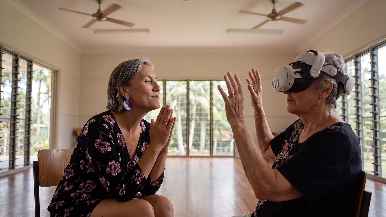 A co-founder leans in, listening closely as a participant wearing a VR headset raises both hands, seated face to face in a sunlit community hall with ceiling fans overhead