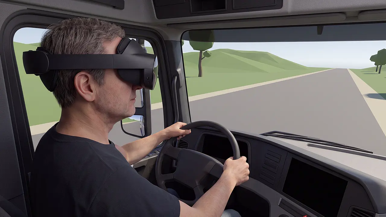 A driver wearing the headset holds the wheel of a truck cab, a plain green rural road ahead through the windscreen.