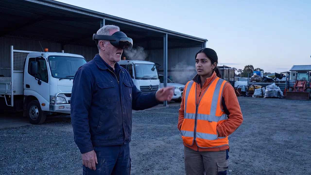 At dawn in a council depot yard, an older worker in navy overalls wears a headset while a woman in a high-visibility vest stands beside him, tip trucks parked under an open shed.