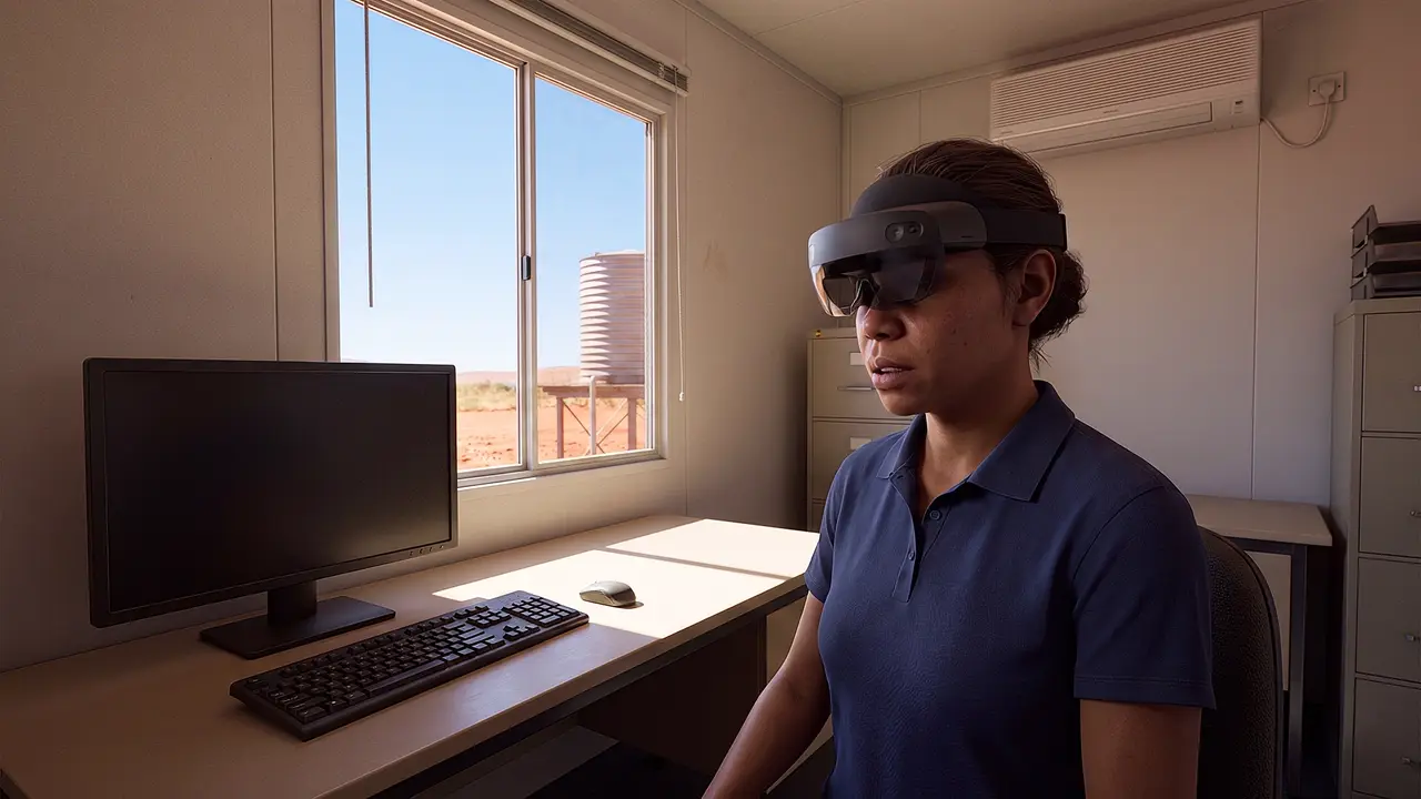 A simulated demountable government office in the red centre, red earth and a water tank through the window. A staff member wears the headset at the desk.