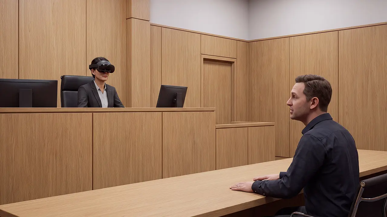 Government and defence. A tribunal hearing: in a wood-panelled room, a headset-wearing panel member at the bench listens as a man at the table speaks.