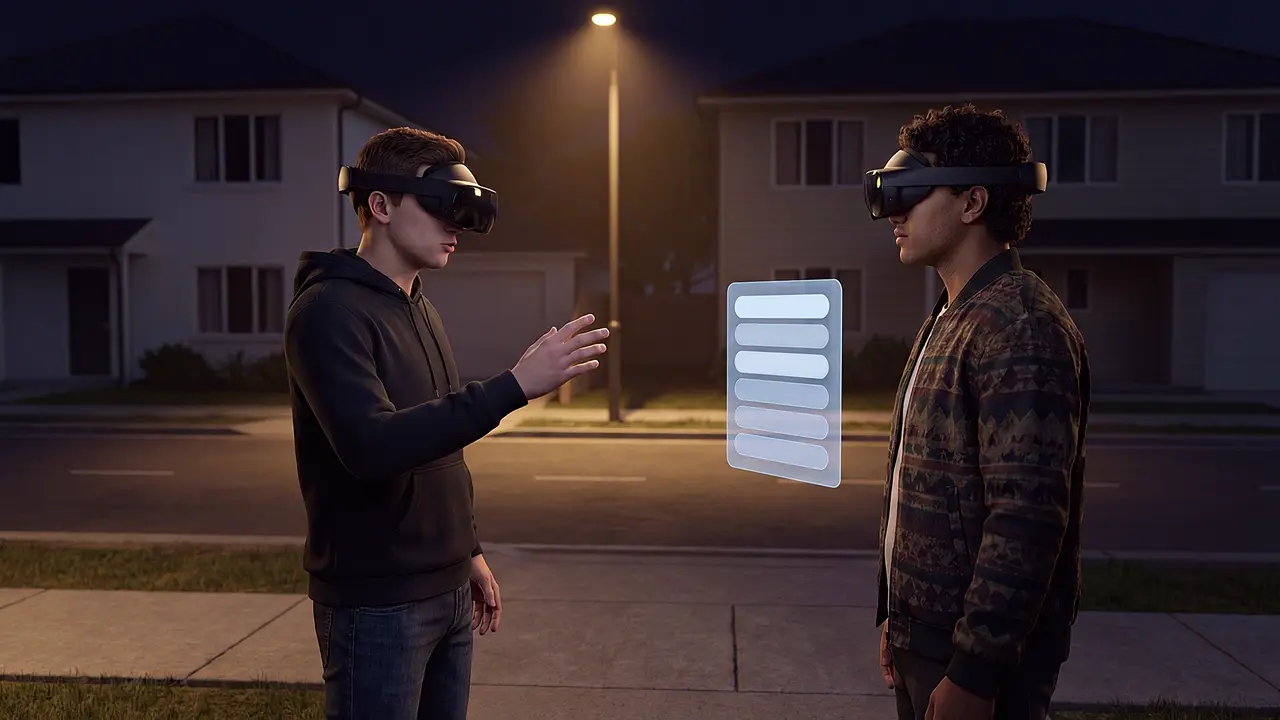 Inside the simulation: two young men in mixed-reality headsets face each other on a suburban street, a choice panel floating between them, one leaning in, the other hanging back.