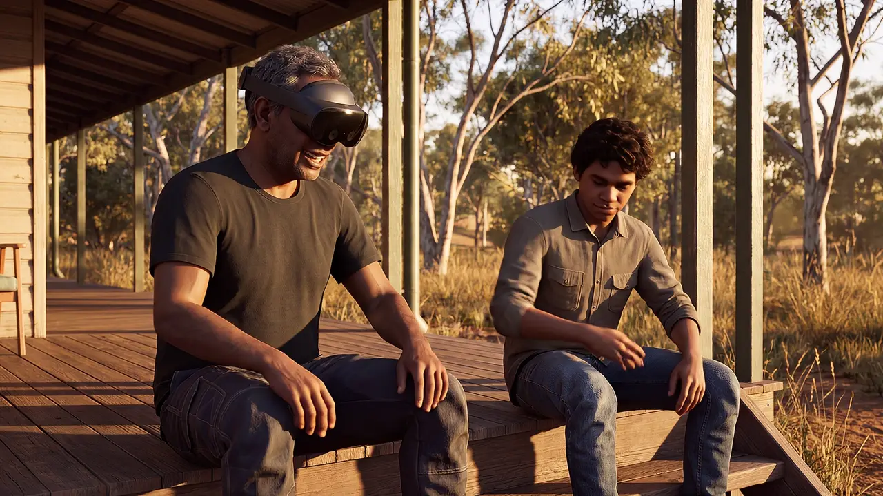 A mentor in his fifties and a young man in his late teens sit apart on the same step of a shaded verandah, part of a justice-sector VR mentoring scenario.
