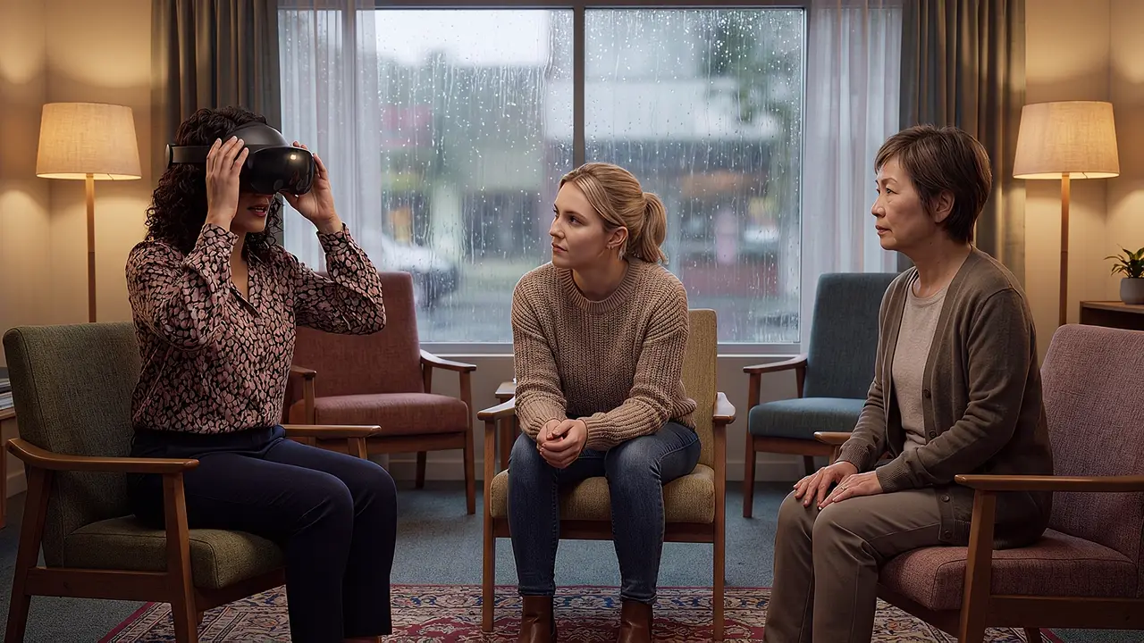 Justice and community services. A women's service: three women sit in armchairs in a softly lit room, one raising a headset as rain streaks the windows.