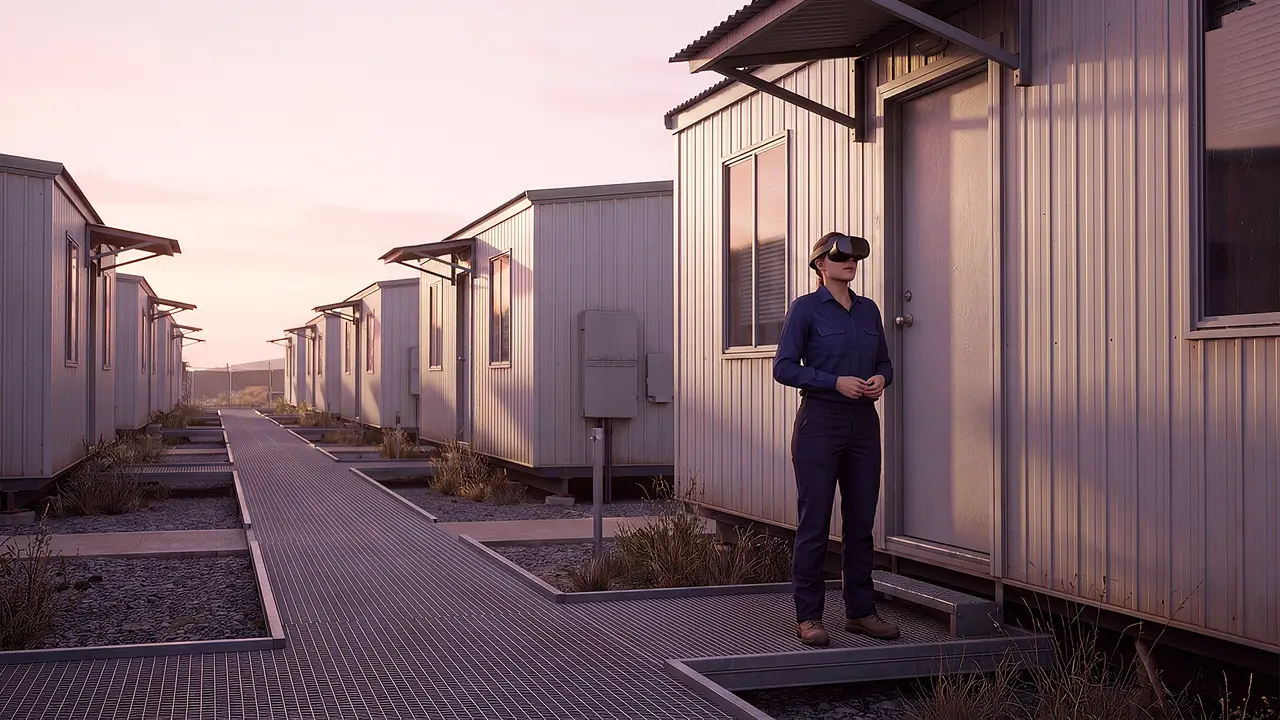 A woman in her forties stands quiet and still outside her door wearing the headset, in a FIFO camp walkway at dawn, rows of dongas under a pale pink sky.