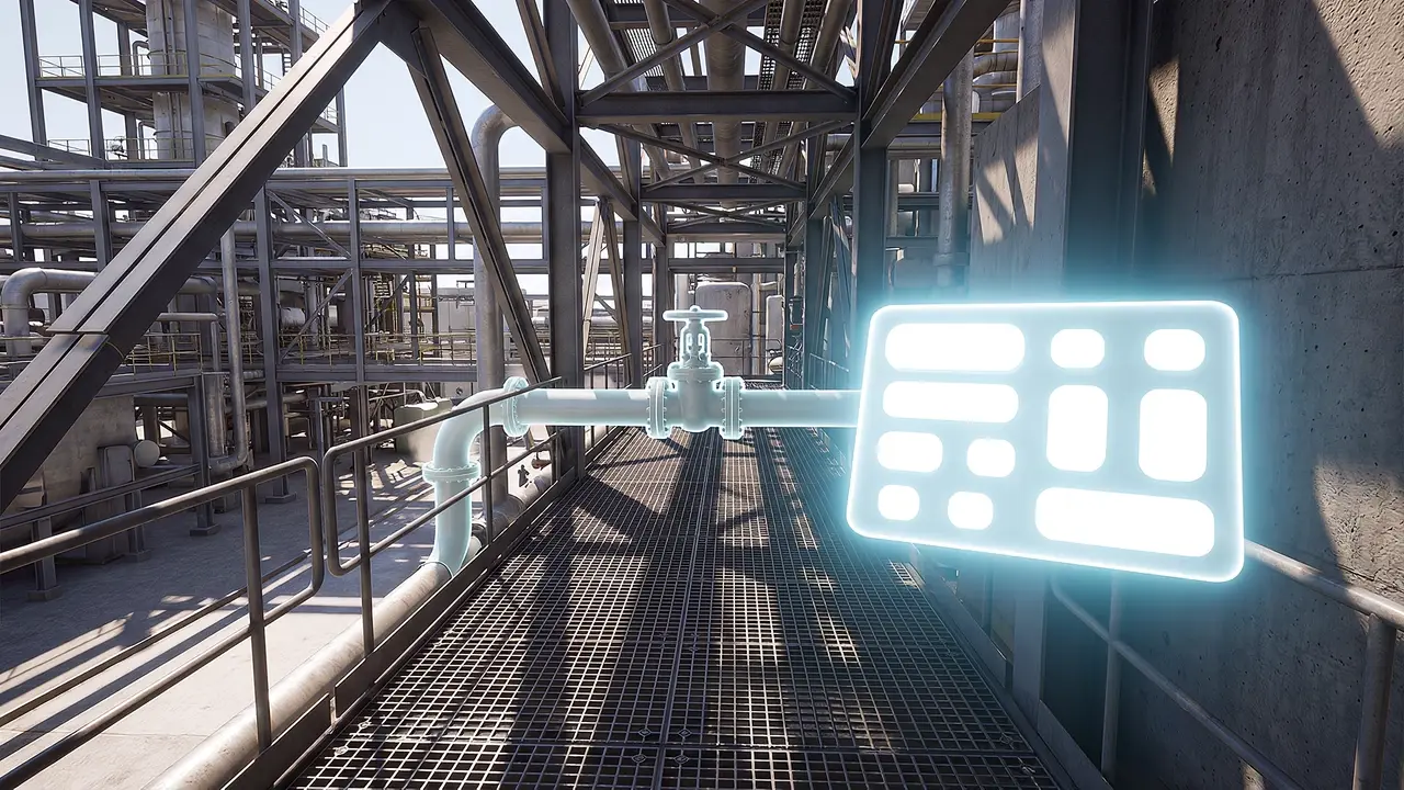 Inside the simulation: a first-person walk through a processing plant, a hazard highlighted ahead by a soft blue outline glow, hard midday sun through the pipework and steel grating.