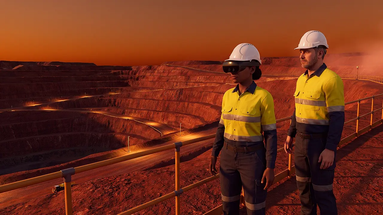 A woman in a high-visibility shirt and hard hat wears the headset near the pit edge behind a barrier, a colleague beside her, haul road lights coming on at dusk.