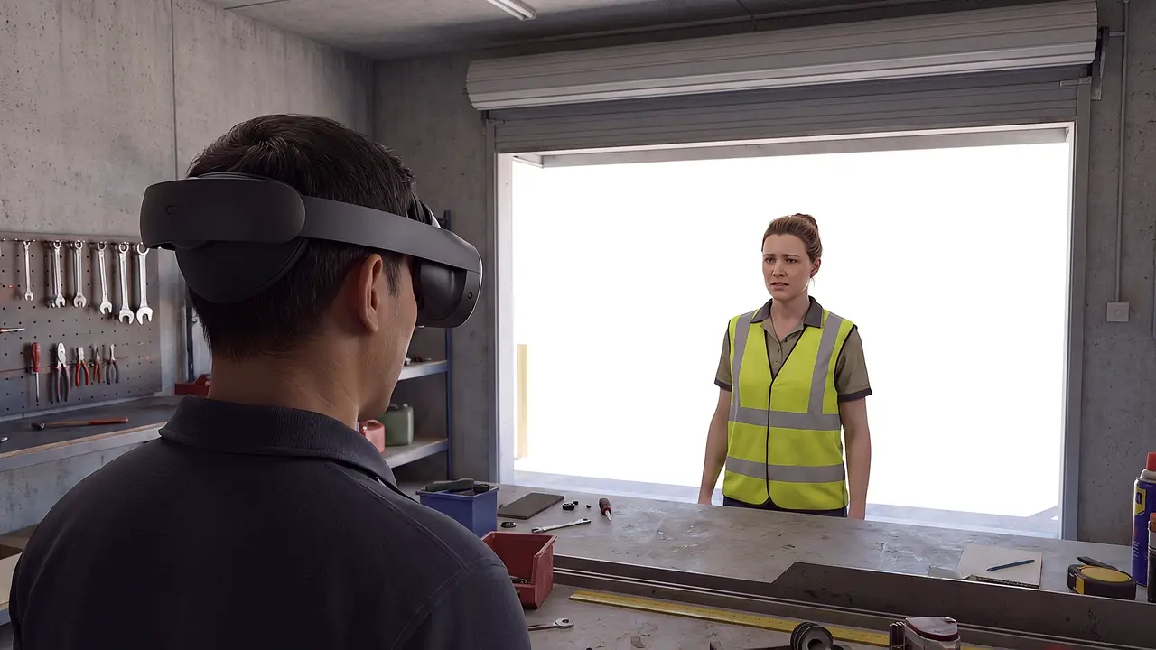 A worker in a headset at a workshop bench, a colleague in a hi-vis vest standing in the roller-door opening.