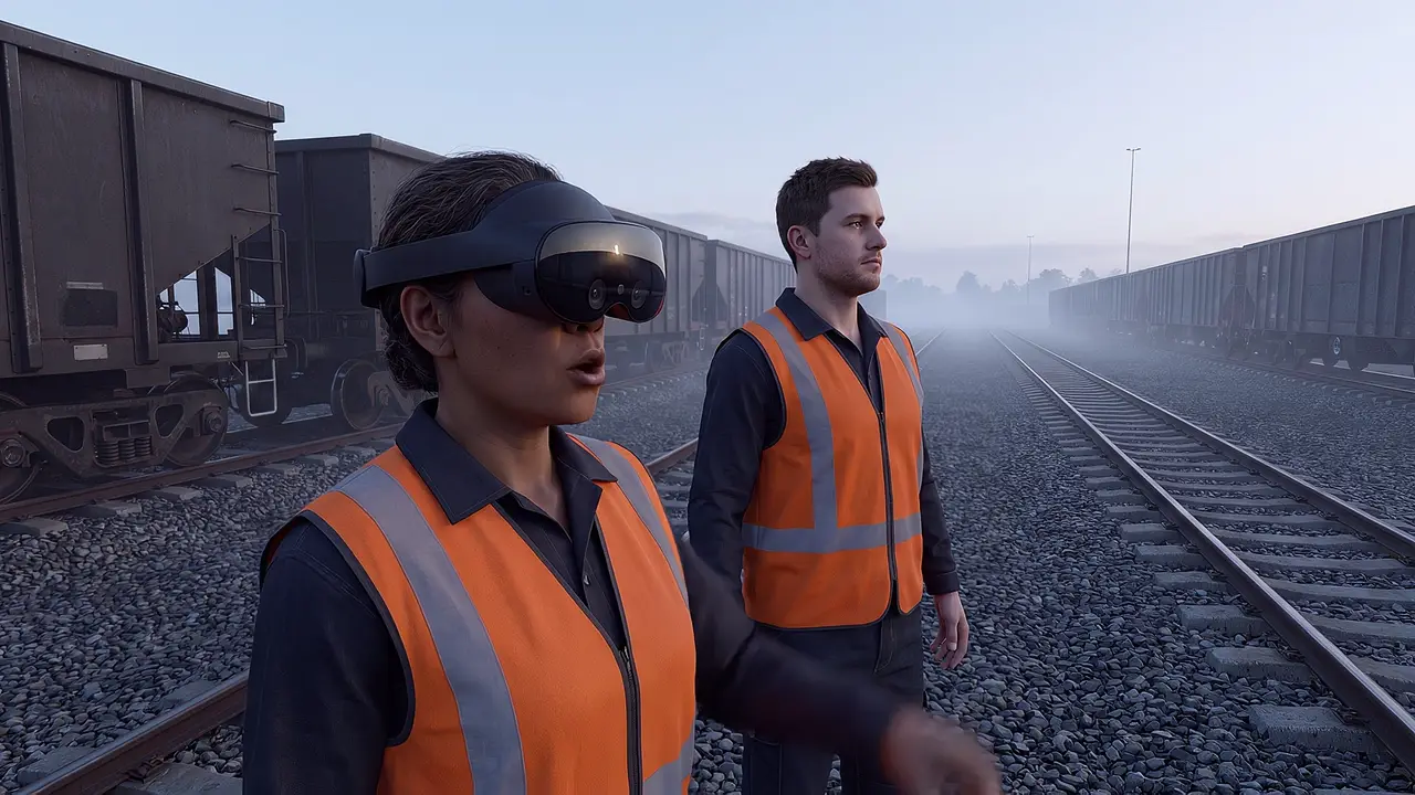 A simulated rail maintenance yard at dawn, rolling stock and gravel ballast in cold, misty light. A woman wears the headset; a colleague stands beside her by the track.