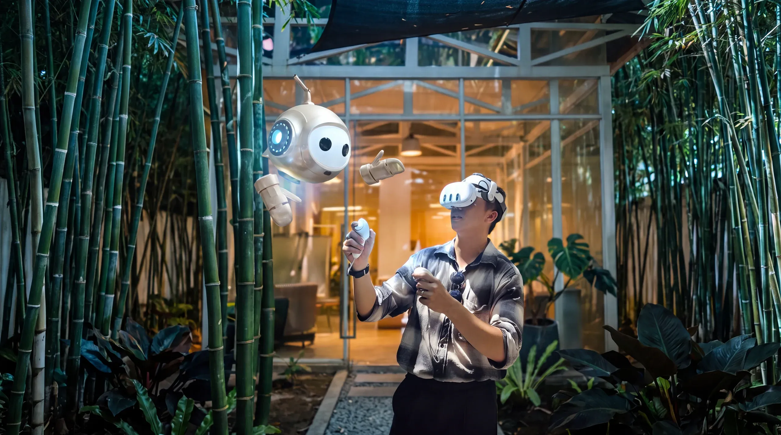A person wearing a Quest 3 headset in a bamboo courtyard, with the PTR robot hovering beside them.