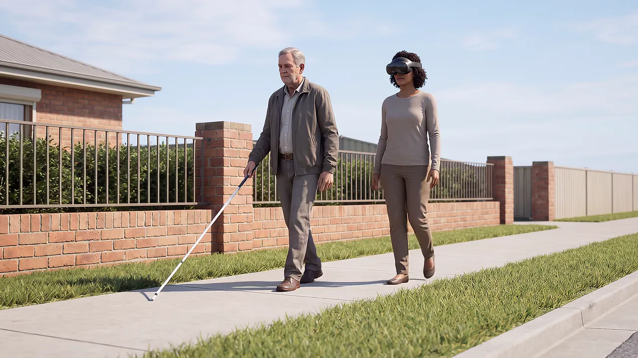 A therapist walks behind a white cane user along a suburban footpath, a VR disability services scenario.