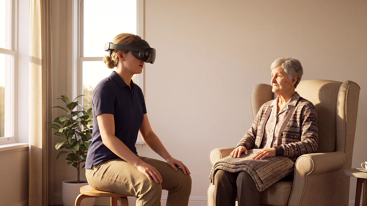 A support worker sits beside an older woman in a sunroom.
