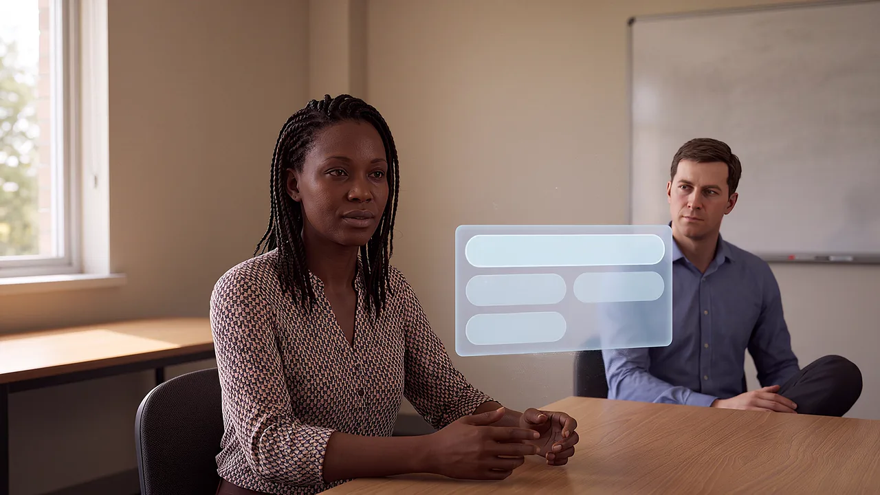 Two colleagues talk in a staff meeting room. A first person VR training scenario for education, seen through the headset.