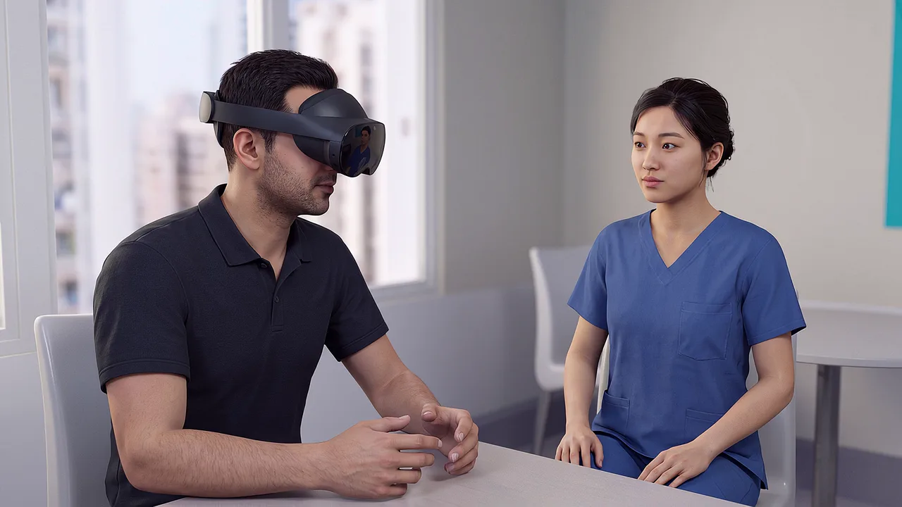 A nurse educator wearing a headset briefs a nursing student in a simulation laboratory.