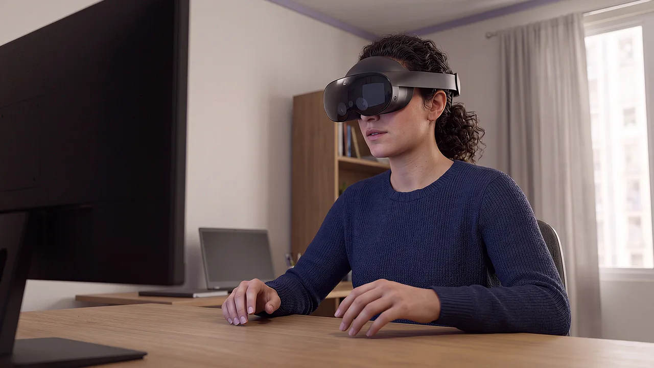 A remote tutor sits alone at home. A VR training scenario for education.
