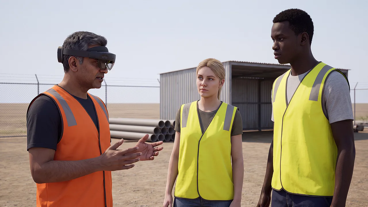 A plumbing instructor briefs trainees outside. A VR training scenario for education.