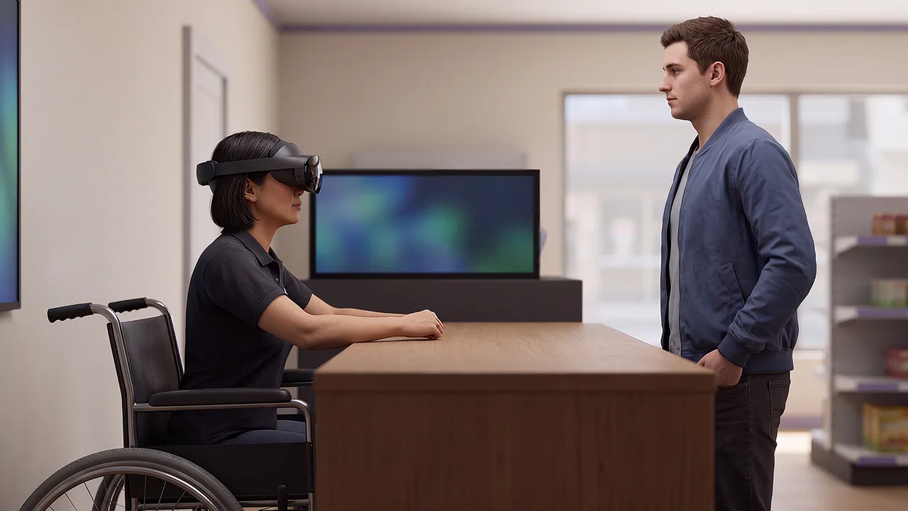 A store manager serves a customer from behind a click-and-collect counter. A VR training scenario for workplace and enterprise.