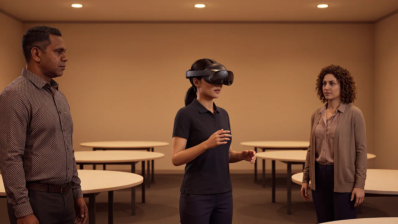 An events coordinator briefs two colleagues during setup, one wearing a headset.