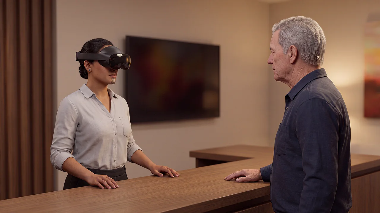 A front-desk supervisor helps an older guest. A VR training scenario for workplace and enterprise.
