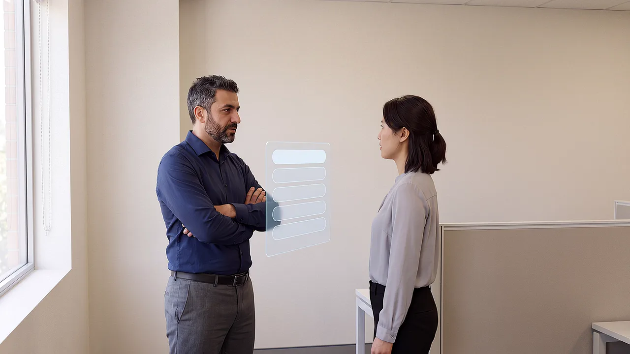 Two colleagues discuss new work among open-plan desks, seen through the headset.
